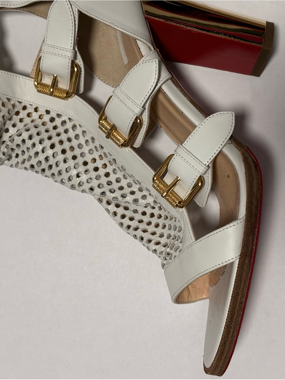Christian Louboutin White Leather Buckle Sandal with Gold Heel - Picture 3 of 6